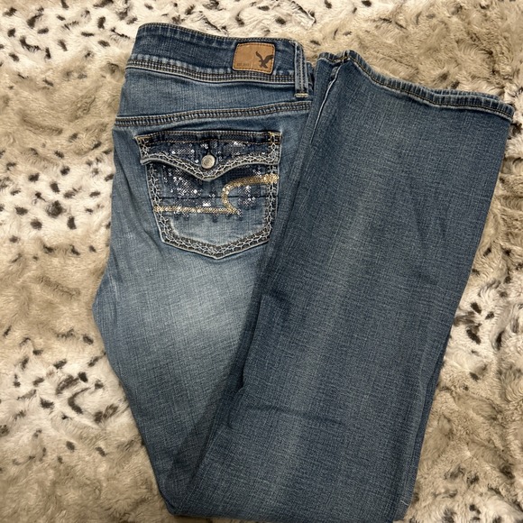 American Eagle Outfitters Denim - Rare American Eagle Women's Distressed Kick Boot Jeans Size 10 Bling Pockets